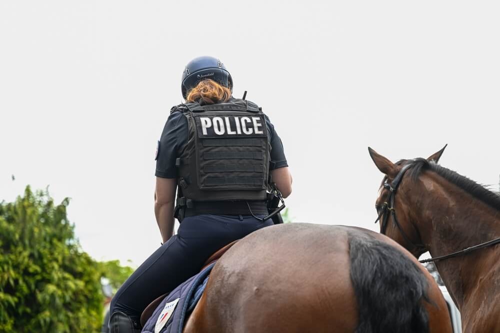 Policière à cheval de la Police Nationale, vue de dos.