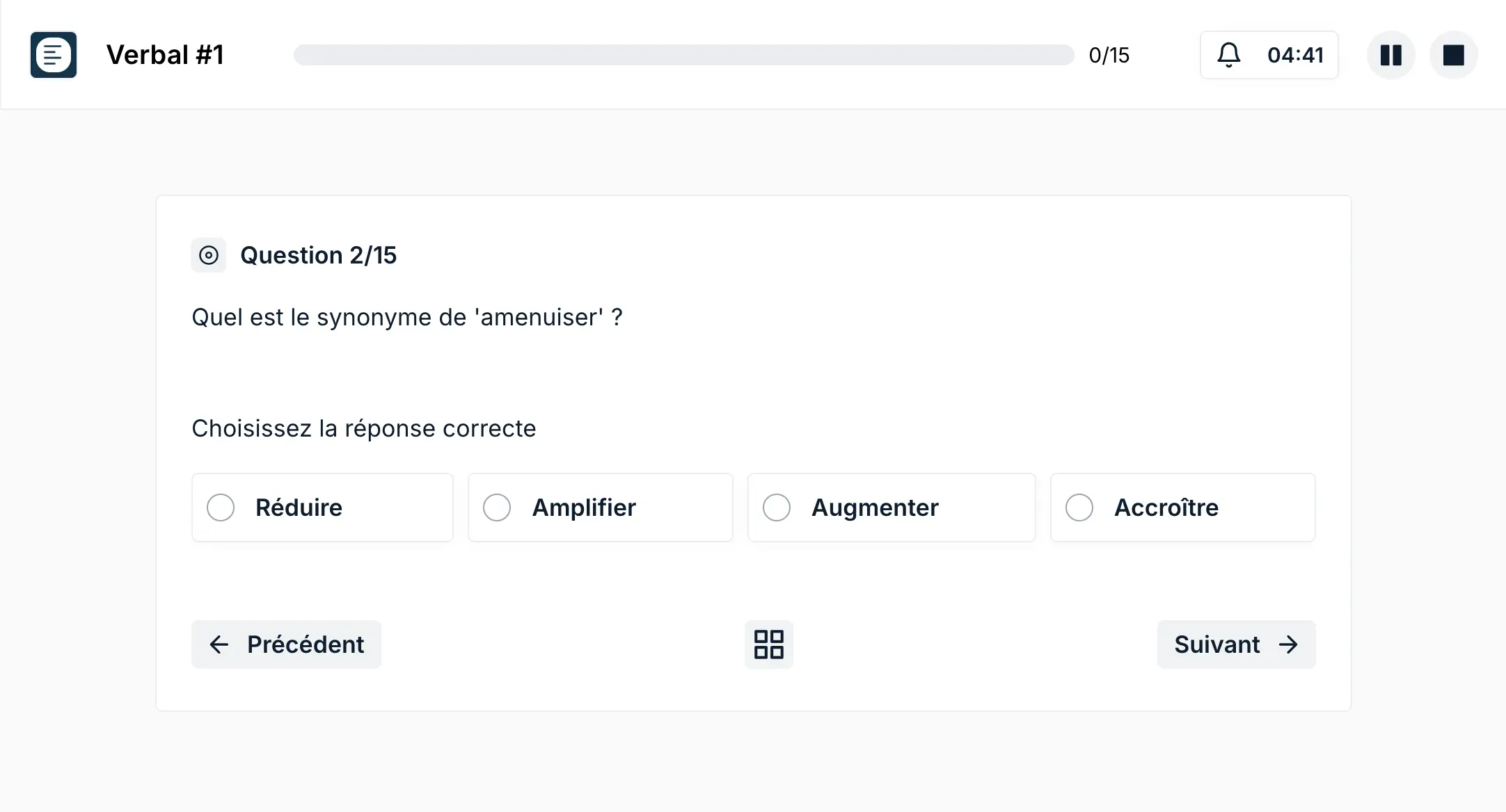 Capture d'écran d'un exercice verbal sur Exam Arena