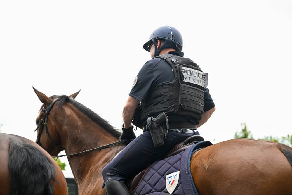 Policier à cheval de la Police Nationale, vu de dos.