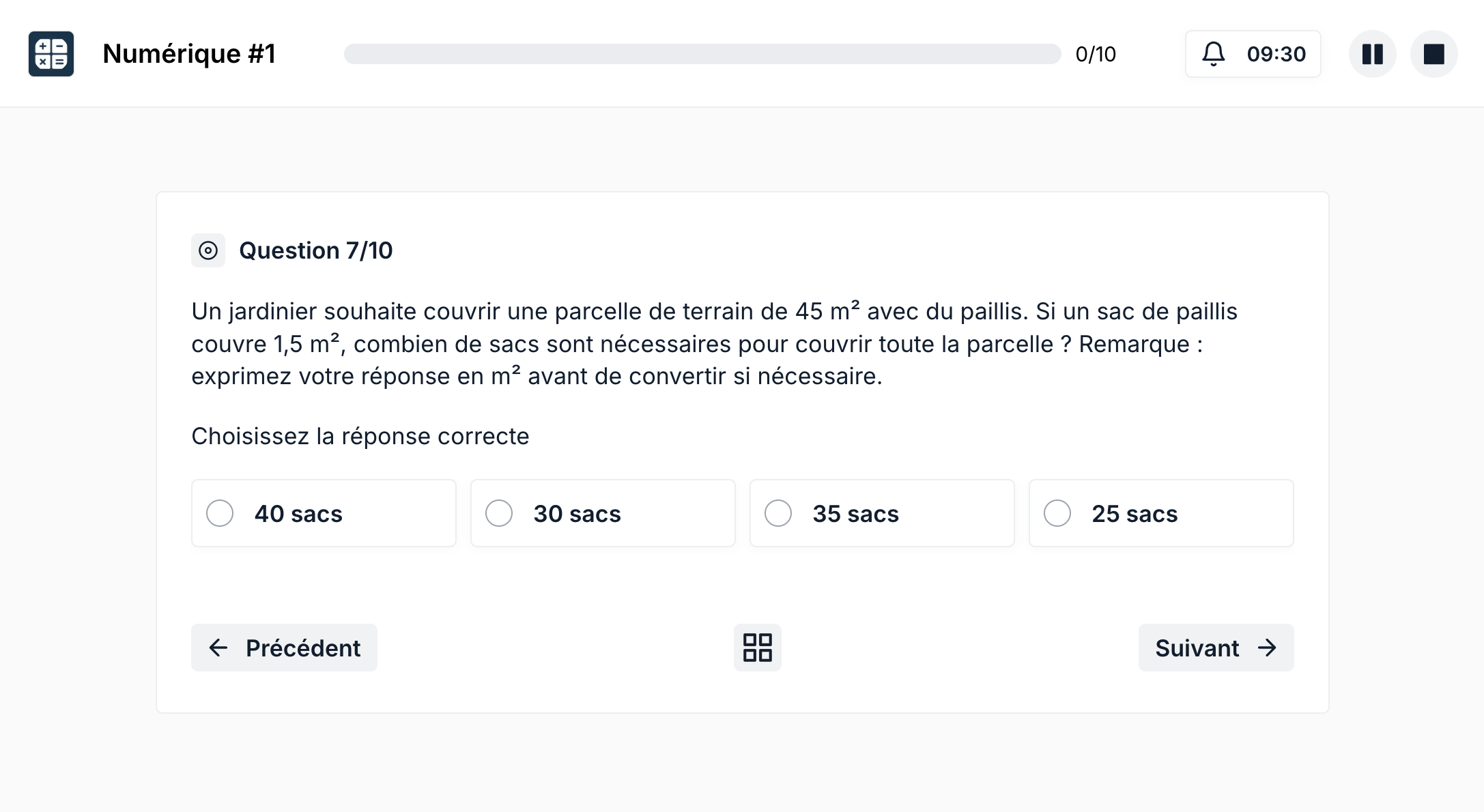 Capture d'écran d'un exercice numérique sur Exam Arena